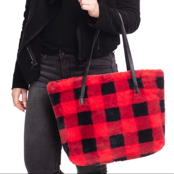 Faux Fur Black and Red Buffalo Plaid Zipper Tote Bag - Picture 2 of 13